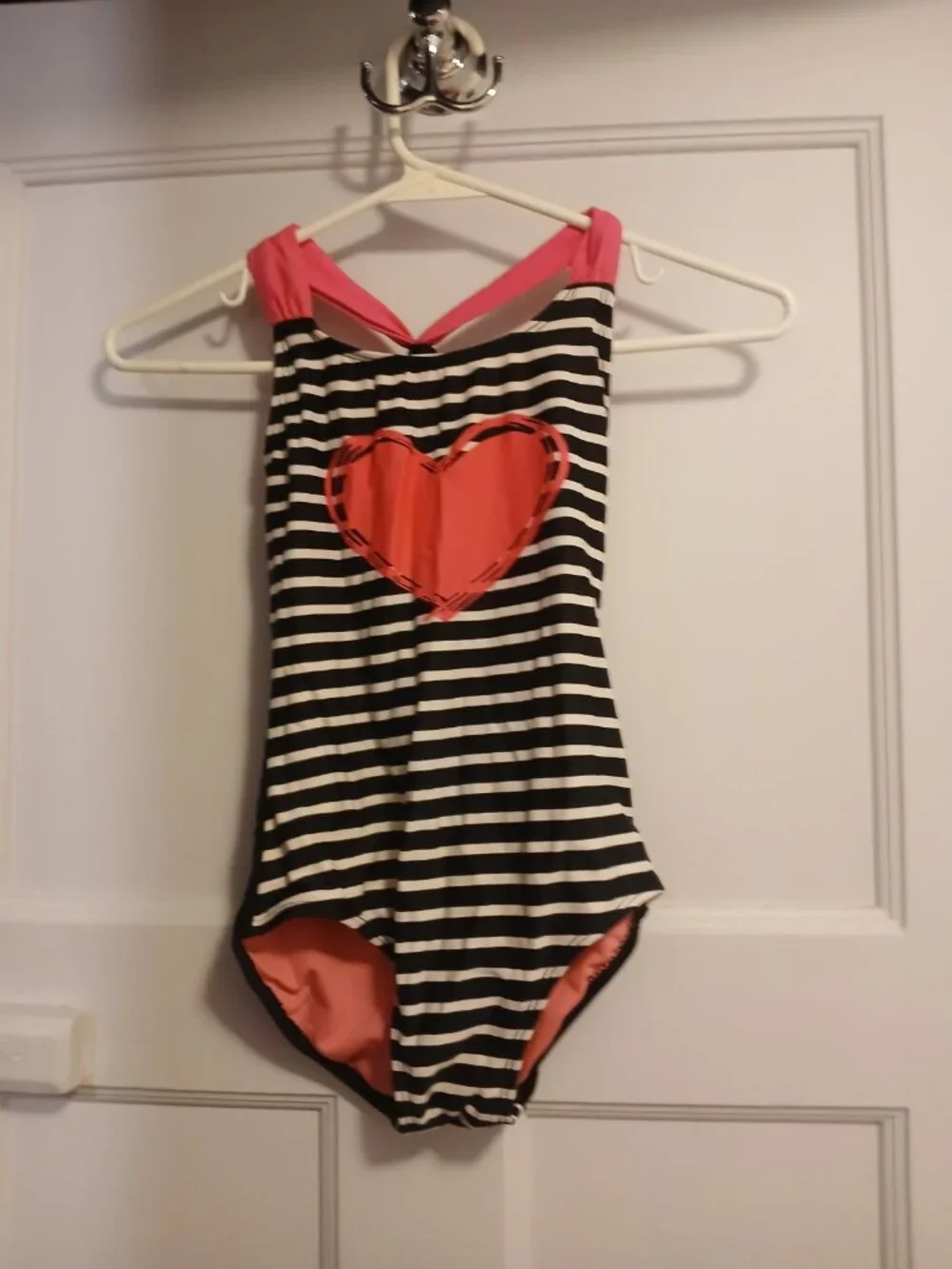 Xhiliration Girls M/M 7/8 Black and White Striped Pink Heart Swimsuit